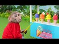 Monkey Baby Bon Bon eat sausage jelly and naughty with ducklings in the swimming pool