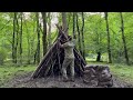 Building Bushcraft Survival Shelter In The Rain Forest,Outdoor Cooking,Fireplace With Clay,Wild Boar