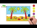 Learn to draw a beautiful beach with some palm trees and the sea. Drawings for children.