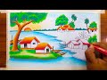 How to draw easy beautiful landscape village scenery with oil pastel color | Village house drawing