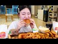 ASMR MUKBANG| Cheese Burger, Fish and Chips, Onion rings, Cheese sticks, Deep-Fried Shrimps.