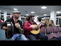 Irish flight delayed so trad session started between DaoiríFarrell, Geoff Kinsella and Robbie Walsh.