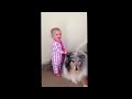 Cute baby cuddling blue Merle rough collie