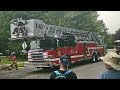 Randolph fire company tower 43 with old station siren on bucket at Roxbury wet down