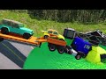 Flatbed Trailer Truck Potholes Transport Car Portal Trap Rescue - Cars vs Speed Bumps - BeamNG.drive