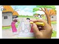 How to draw scenery of Take water from Tube well step by step