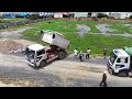 First New Project Truck5Ton unloading Soil Filling Land Bulldozer Dozer D58E Pushing Into Field Huge