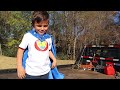 Tow truck rescue and racing kids ride on tractor, gator, and forklift with towing for kids