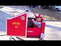 Firefighter rescue with power wheels fire truck and fireman training with kids firehouse fire engine