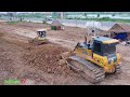 Powerful SHANTUI DH17 C3 Dozer Start Move Soil Filling Water& 25t Dump Trucks Build Road Around Ep.6