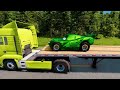 Double Flatbed Trailer Truck vs Speedbumps Train vs Cars | Tractor vs Train Beamng.Drive