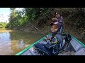 Pescaria e peixe ao molho no acampamento na beira do rio