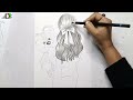 How to sketch a girl from behind holding a teddy bear | Girl from backside easy drawing