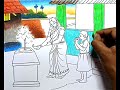 Indian village life scenery drawing with women step by step/Village life drawing