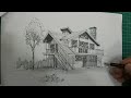 How to draw a wooden cottage: How we drawing a wooden villa outside the city by 2_point perspective