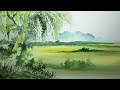 Lukisan cat air :  pohon dan padang rumput
