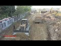 Complete 100% Amazing! Komatsu Dozer Pushing Dirt Land Filling Up With Dump Trucks Alongside a Villa