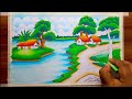 How to draw easy scenery drawing beautiful riverside landscape village scenery drawing with river