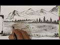 Village scenery drawing with Charcoal Pencil || River side Village and beautiful mountain