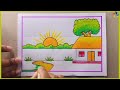 Simple😍😍Village Scenery Drawing🎨Painting Easy😀Voice Tutorial