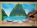 painting of a beach scene//island in the middle of the sea.