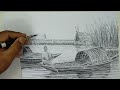 How To Draw Sailor on Wooden Boat In A Scenery// Step By Step Boat Scenery Drawing