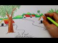 How to draw beautiful village nature with oil pastel for beginners | landscape scenery drawing