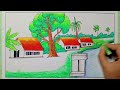 How to Draw Village Pond Ghat Step by step | Beautiful village pond scenery