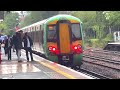 A Southern Class 377 train arrives and departs from Kensington Olympia station.