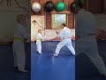Hideo Watanabe, 9th dan, 73 yo, practices sparring with Koda, 6 yo.