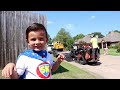 Landscaping compilation with kids ride on tractor, lawn mower, forklift, excavator, and tow truck