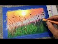 Oil pastel Drawing｜How to paint a scenery｜Setaria, sunset  油画棒画夕阳下的狗尾草，轻松掌握绘画丁达尔光线技巧，适合新手的油画棒教程