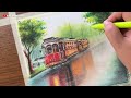 Rainy Season Scenery drawing with Oil Pastel - Step by Step
