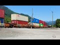 Crew change at North Bend and the Rocky Mountaineer through a tunnel and over bridge