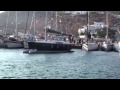 Successful sailboat docking in gusty wind (Mykonos)