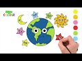 Learn to draw space with the earth, sun, moon and stars. Drawings for children.