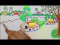 village drawing easy | Beautiful Landscape Scenery Drawing | Draw village scenery of riverside