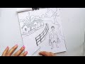 how to draw man with village scenery/beautiful landscape scenery drawing step by step