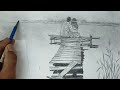 Easy Draw A Scenery Art Of Two Couple/Lovers Sitting On Old Boat Wharf With Pencil