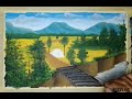 landscape painting of yellowing rice in a rice field//nature painting.