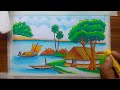 How to draw beautiful riverside landscape village scenery drawing | Village house drawing with color