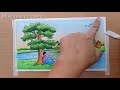 How to draw scenery of riverside village with Oil Pastel.Step by step(easy draw)