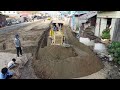 Hard Action !!! An Old Komatsu Bulldozer Pushing Sand Filling Sewage Build a Road Jn Village