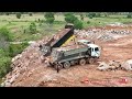 Amazing Huge Landfill Process Hyundai​​ 25t Trucks Unloading Rocks & Dozer Push Rocks Roll in Water