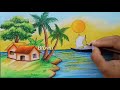How to draw scenery of River side Village.Step by step (easy draw)