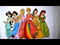 Disney Princess - Ariel, Cinderella, Belle, Snow white,Jasmine and Beauty Coloring Page