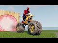 Big & Small Spiderman on a motorcycle with Monster Truck Wheels vs Thomas Train  | BeamNG.Drive