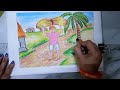 how to draw village farmer drawing with scenery । Indian village farmer drawing with pastel colour