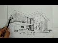 HOW TO DRAW MODERN HOUSE USING 2-POINT PERSPECTIVE  || DRAW REALISTIC ARCHITECTURE