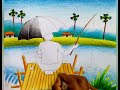 How to draw scenery of fishing step by step / village fishing drawing